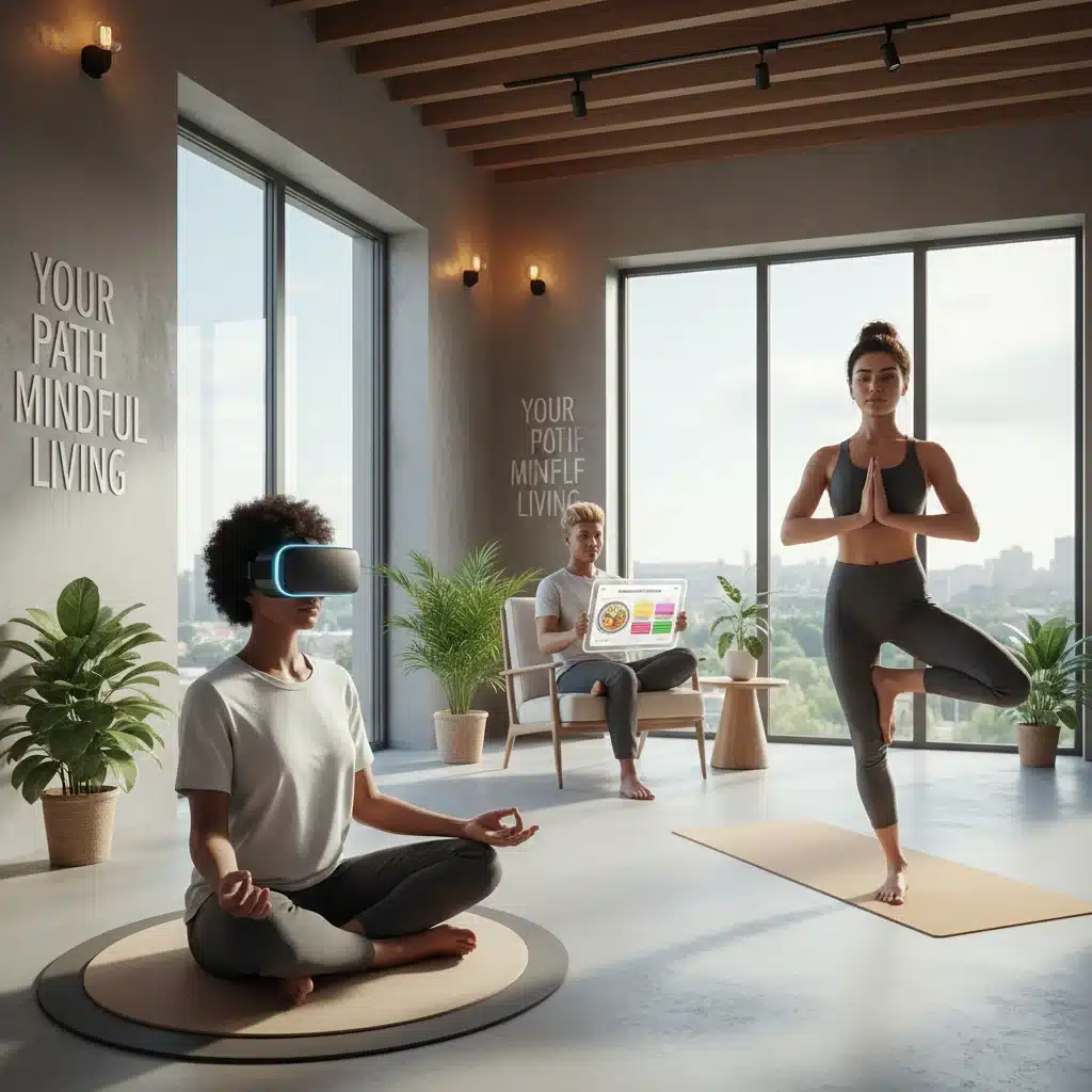 Diverse individuals practicing personalized wellness activities