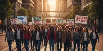 Diverse crowd marching for social justice with various signs in a modern city.
