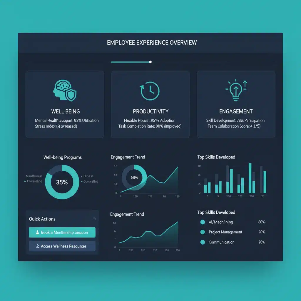Digital dashboard showcasing employee well-being and productivity metrics.