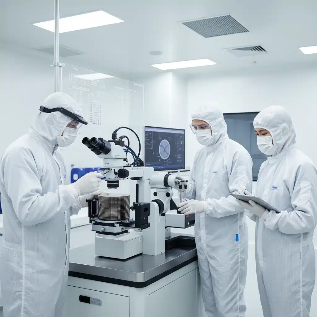 Engineers inspecting semiconductor wafers in a cleanroom, symbolizing advanced manufacturing.