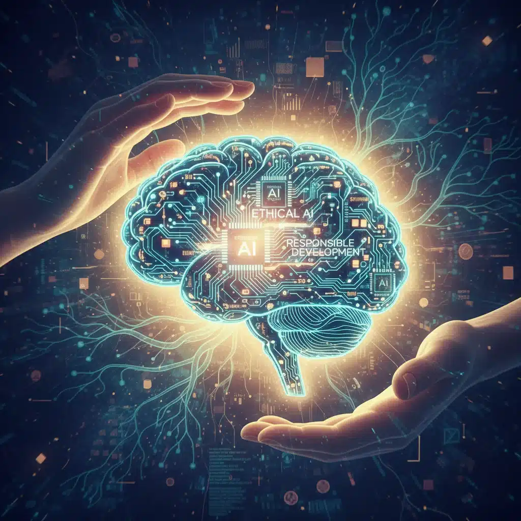 Stylized human brain with circuit board, symbolizing ethical AI development and responsible innovation.
