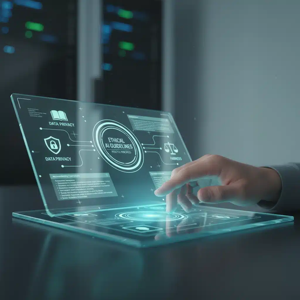 Hand interacting with transparent screen displaying ethical AI guidelines and data privacy icons.