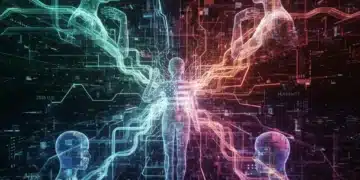 Abstract visual representing ethical AI's societal impact in the US by 2026, with interconnected humans and data.