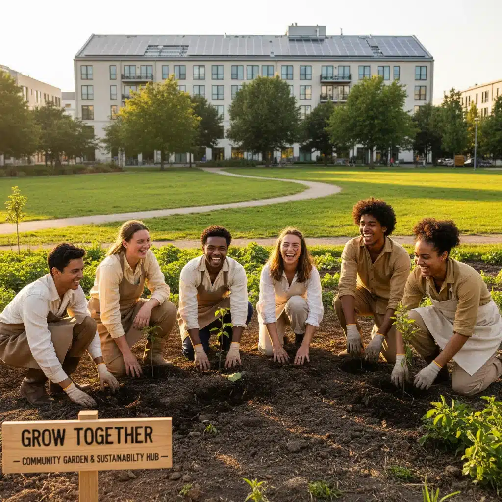 Diverse group engaging in community gardening, emphasizing ethical consumption and sustainability