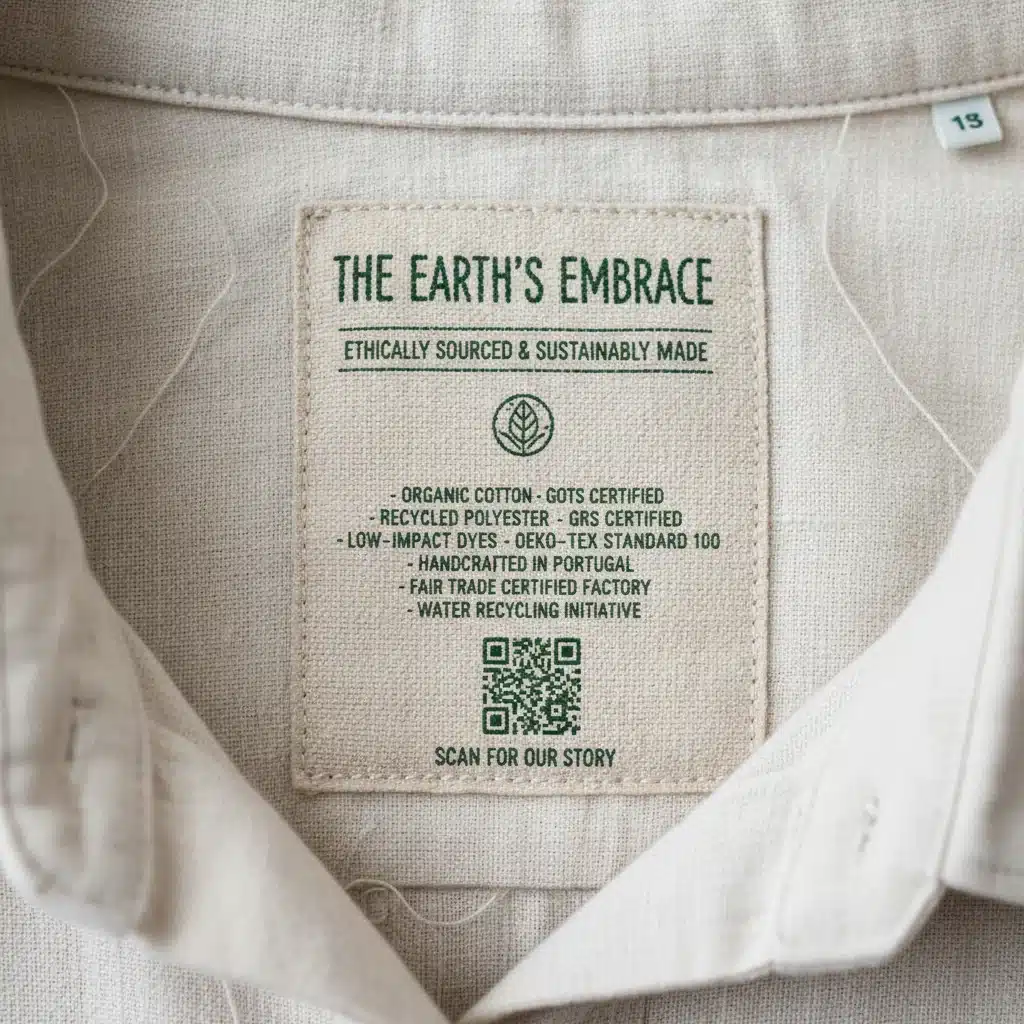 Detailed label on a garment showcasing ethical sourcing and sustainable production information.