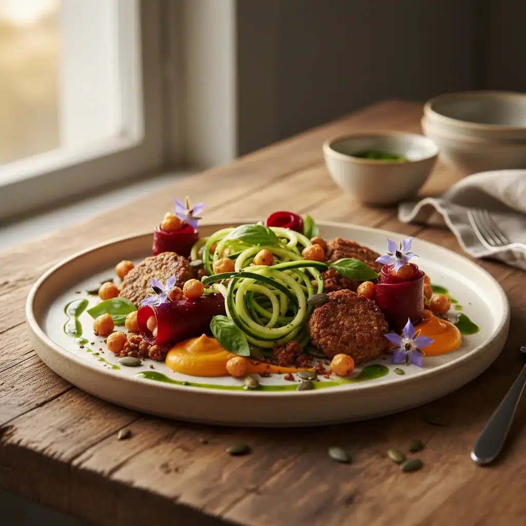 Exquisitely plated plant-based meal showcasing diverse textures and vibrant colors