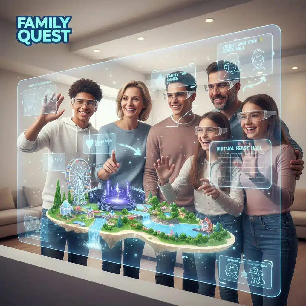 Family members collaboratively planning a virtual event using an interactive screen with AR.