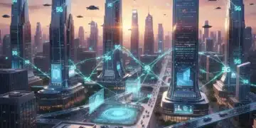 Futuristic 5G network connecting smart cities and businesses in the US, symbolizing advanced connectivity and innovation.