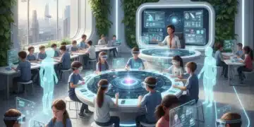 Students learning in a futuristic classroom with advanced technology, holographic displays, and AI tutors, symbolizing the future of education.