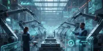 Futuristic factory floor with robots and data displays, symbolizing advanced edge computing in manufacturing.