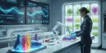 Futuristic kitchen chef preparing sustainable cultivated meat and vertical farm produce in 2026