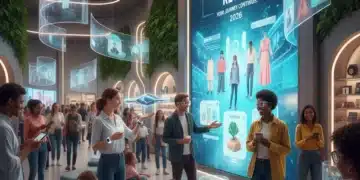 Futuristic retail environment with satisfied customers engaging with products and digital interfaces, representing successful post-purchase behavior and repeat business strategies.