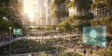 Futuristic urban park with diverse community, smart tech, and green spaces.