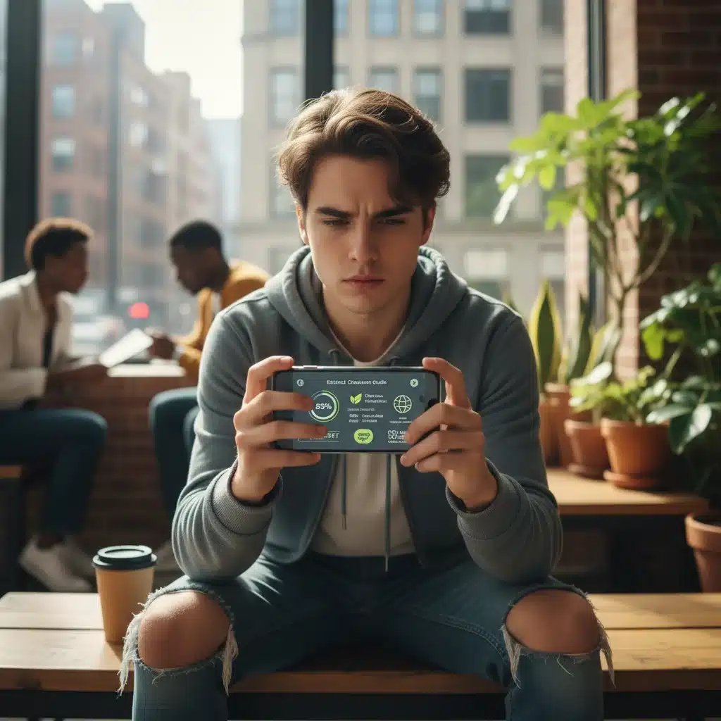 Gen Z consumer researching sustainable product information on a smartphone.