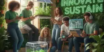 Gen Z consumers engaging with sustainable technology products in a modern, eco-conscious setting.