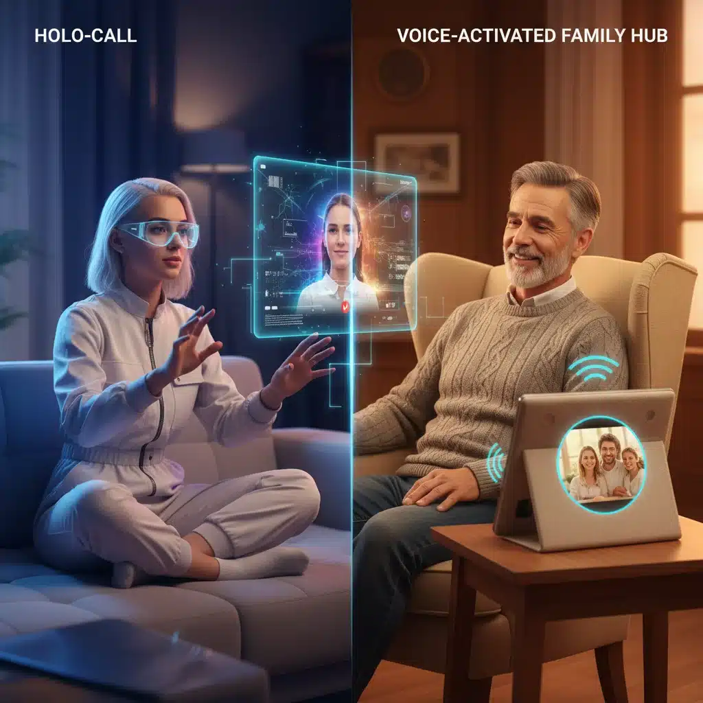 Generational communication styles: holographic call vs. smart display for family updates.