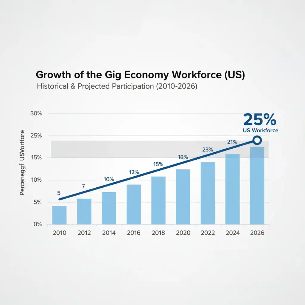 Graph showing the projected growth of the gig economy workforce to 25% by 2026.