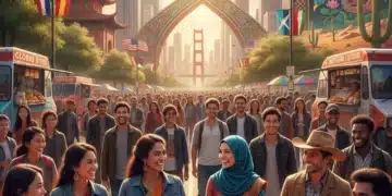 Diverse group representing global cultures in US city, symbolizing cultural integration