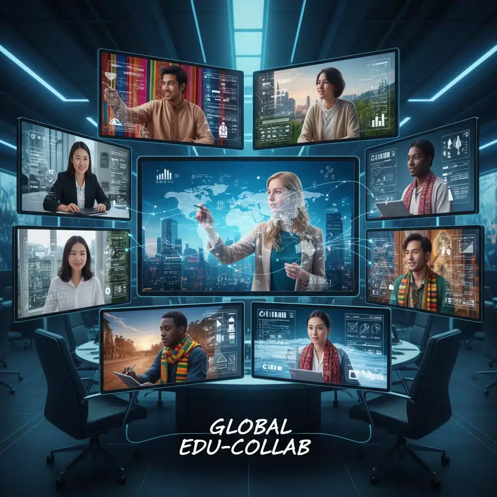 Diverse students collaborating on a global project through video conferencing, emphasizing international educational cooperation.