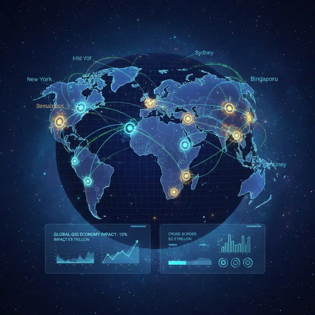 Global map illustrating interconnected gig economy hubs and cross-border financial flows.