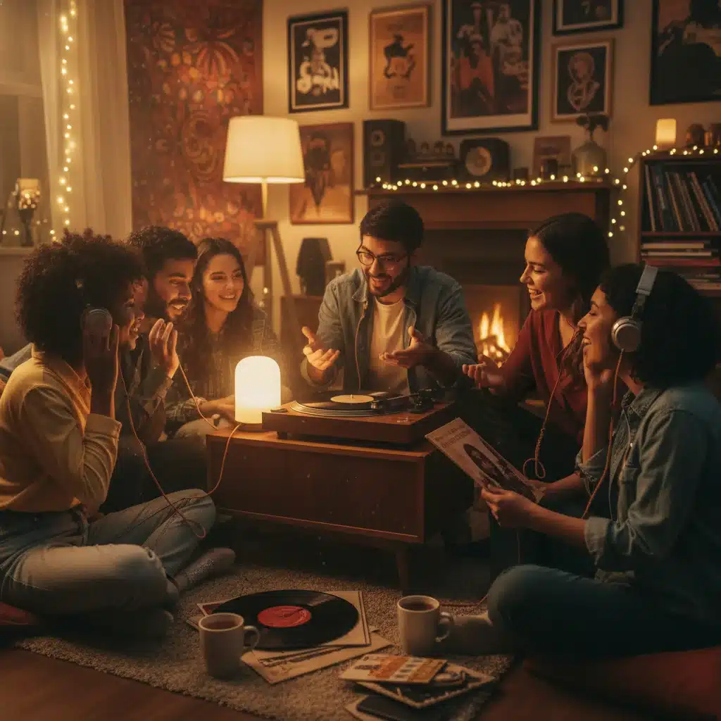 Young adults enjoying vinyl music together, sharing headphones and conversation.