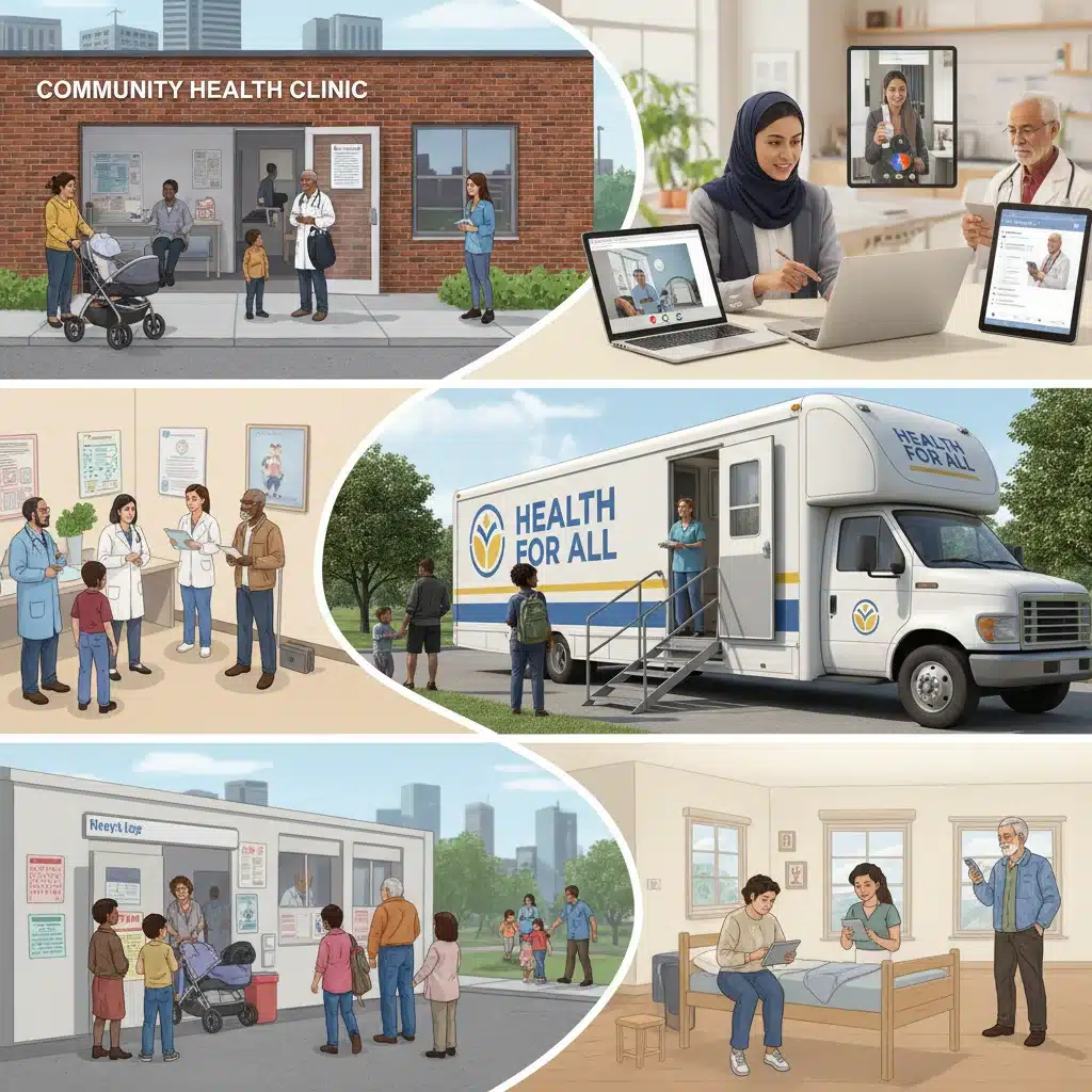 Health equity and diverse healthcare access, community health, mobile clinics, virtual care for all