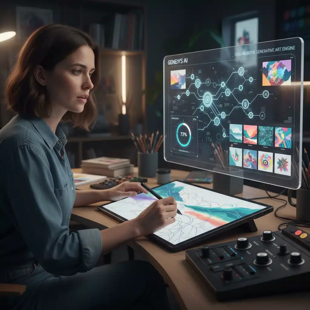 Human artist collaborating with AI on a digital sketch, showing a thoughtful and controlled interaction.