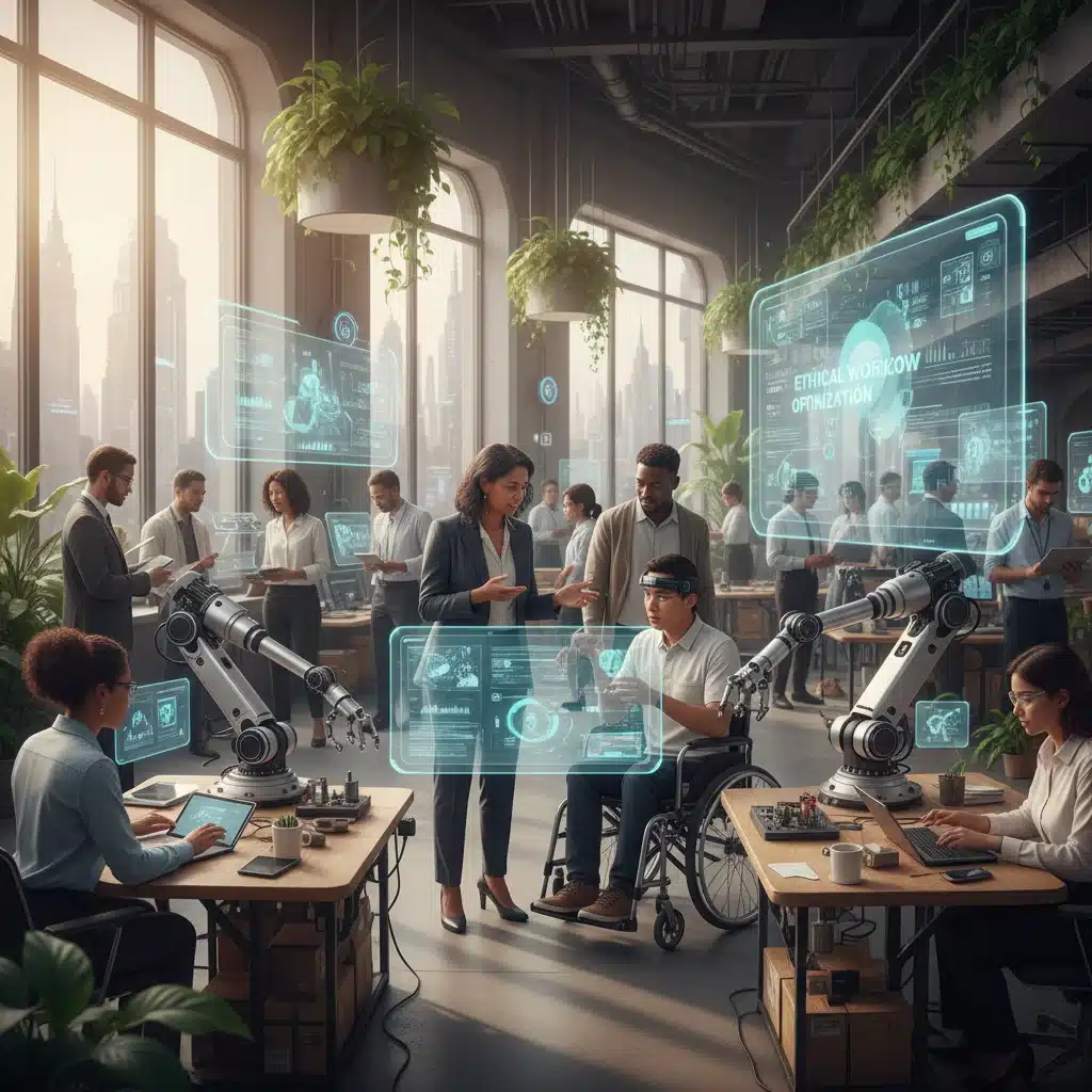 Diverse workforce collaborating with AI and robots in an inclusive, ethical future work environment.