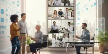 Diverse professionals collaborating in a hybrid work environment with physical and virtual interactions.