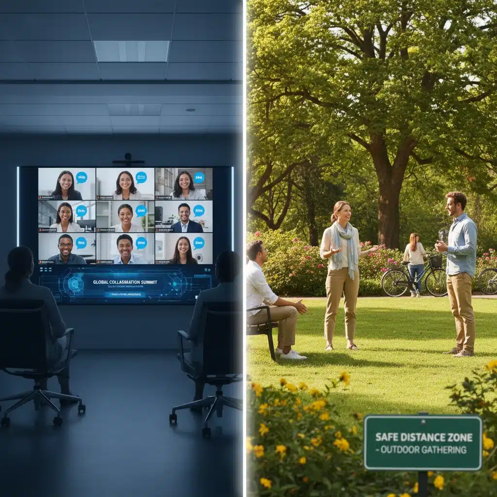 Hybrid community engagement: virtual meeting and socially distanced outdoor gathering.