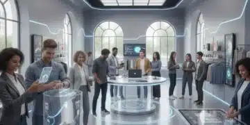 Hybrid shoppers engaging with products and technology in a modern retail environment.