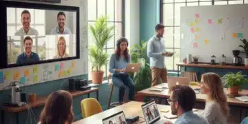 Hybrid team collaborating in a modern, flexible office environment
