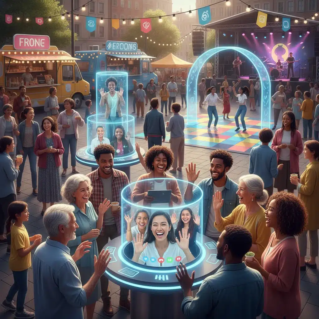 Inclusive community event blending in-person and virtual participants through technology.
