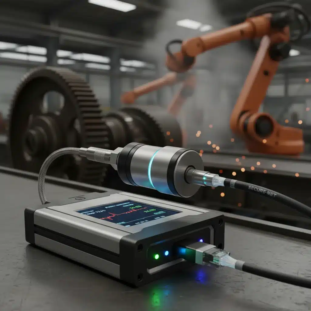 Industrial sensor feeding data to an edge computing device on a factory floor.