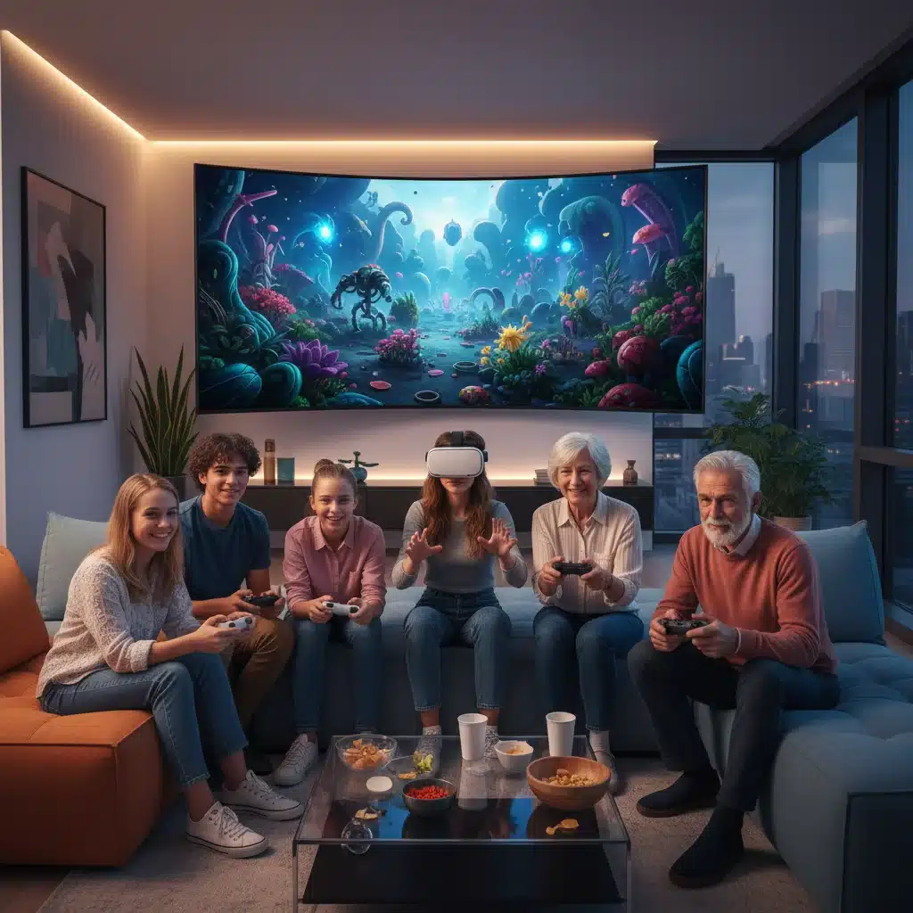 Diverse group enjoying interactive entertainment, including VR and gaming, highlighting personalized content.