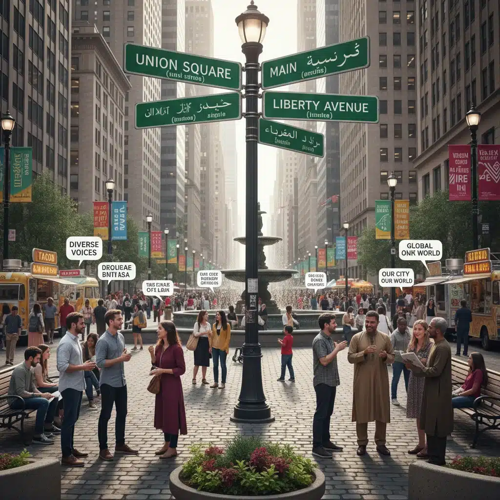 Public square with multilingual signs and diverse people, showing linguistic integration