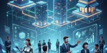Futuristic metaverse cityscape with business icons and professional avatars, symbolizing enterprise applications beyond gaming.
