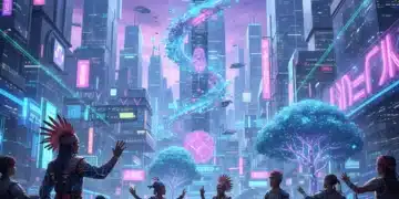 Diverse avatars interacting in a futuristic metaverse city, showcasing evolving cultural identities.