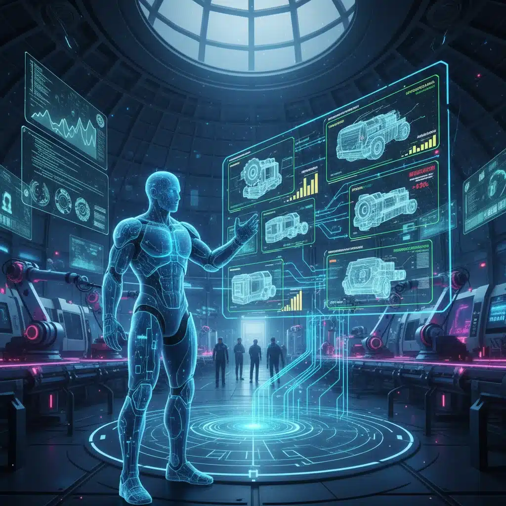 Engineer avatar monitoring digital twins of manufacturing machinery in a metaverse factory.