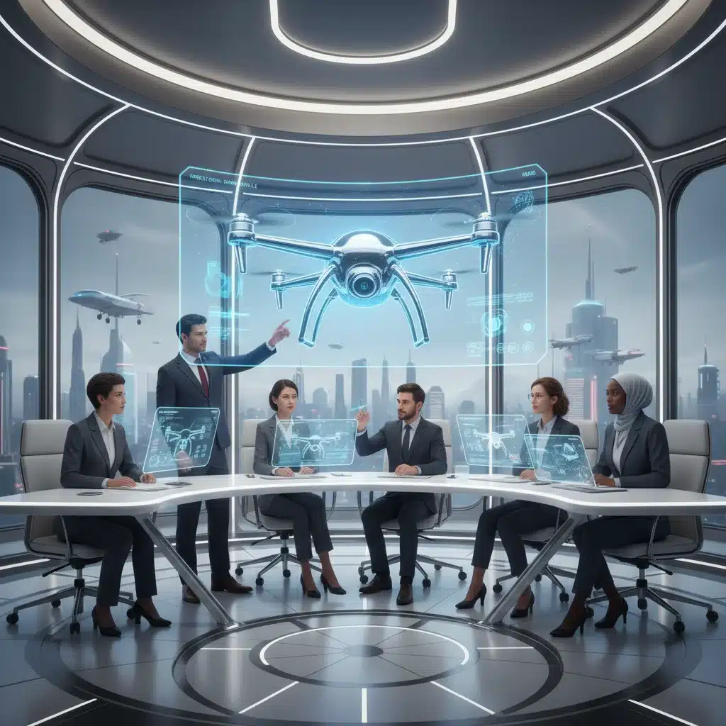 Virtual meeting room with business avatars collaborating on a 3D product model in the metaverse.