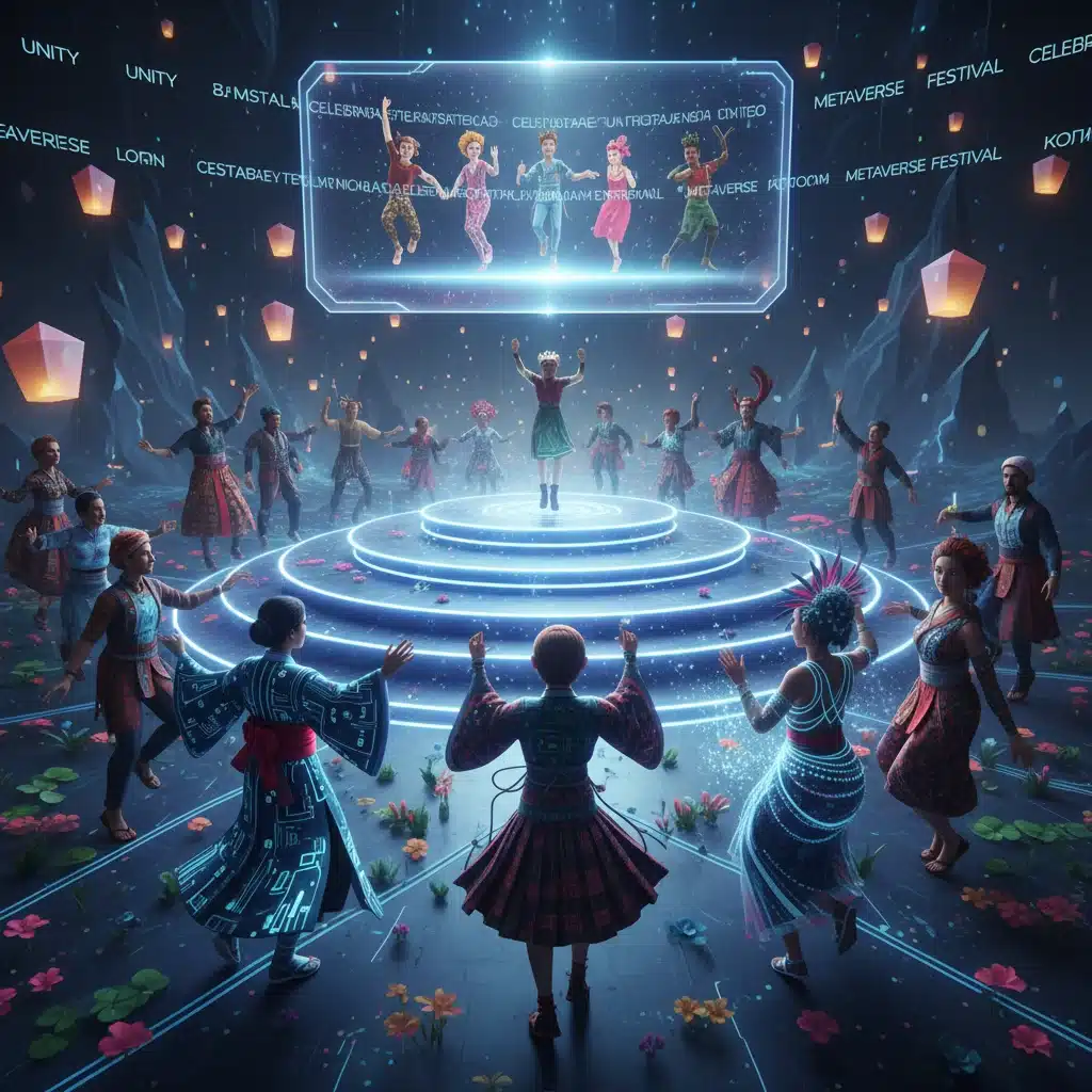 Avatars at a virtual cultural festival, celebrating diversity in the metaverse.