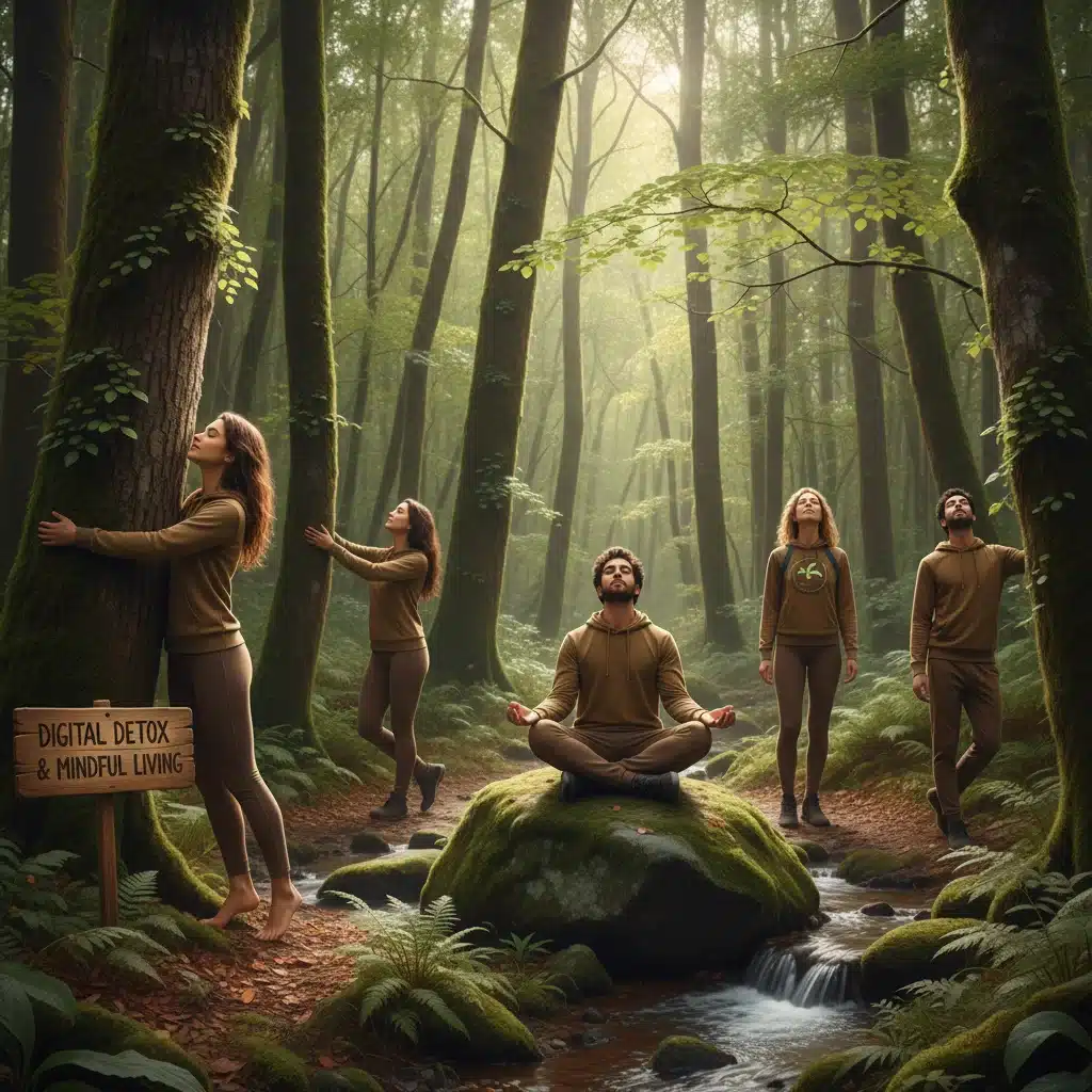 Group practicing mindful living and digital detox in a natural environment