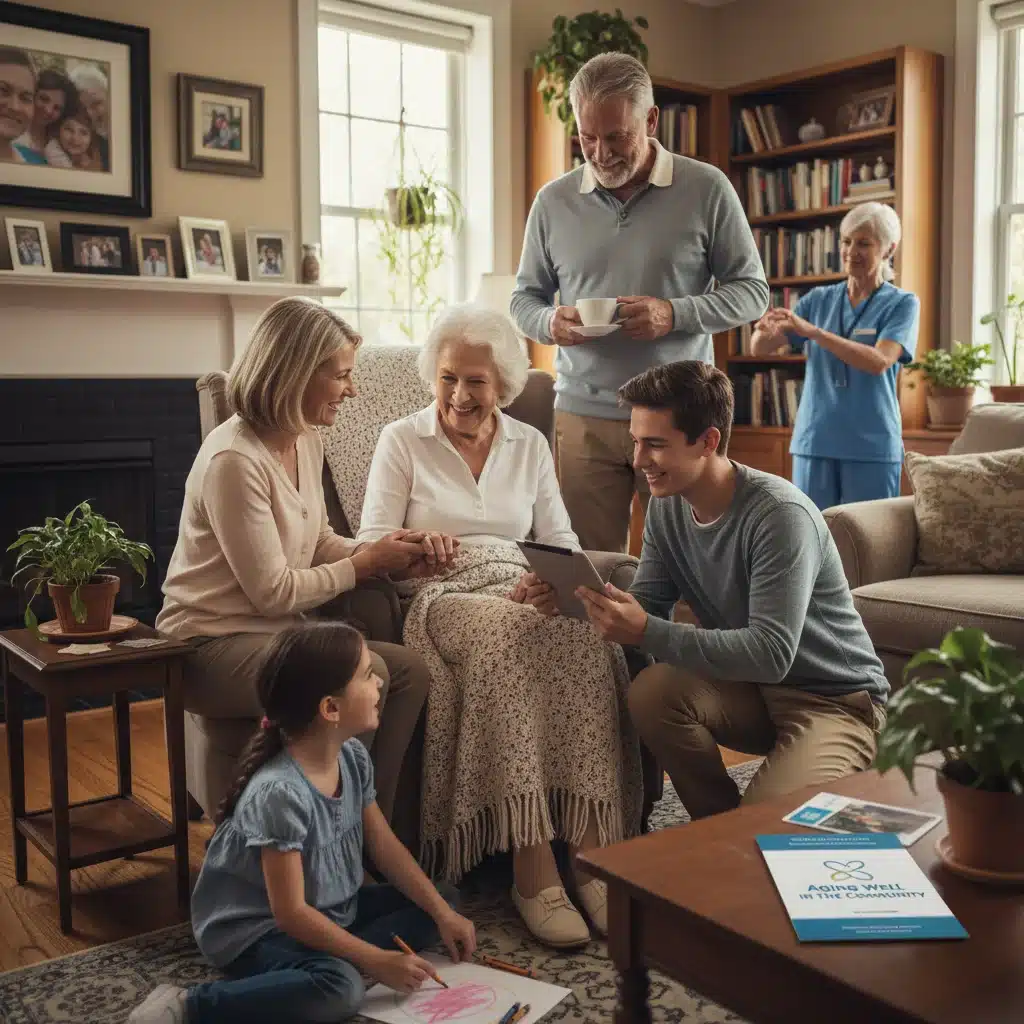 Multi-generational family providing support to an elderly member in a home setting.