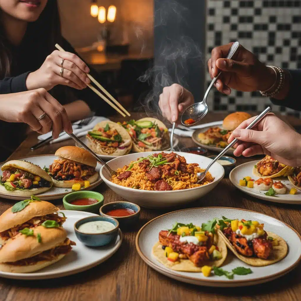 Hands sharing a diverse meal, representing multicultural cuisine in America