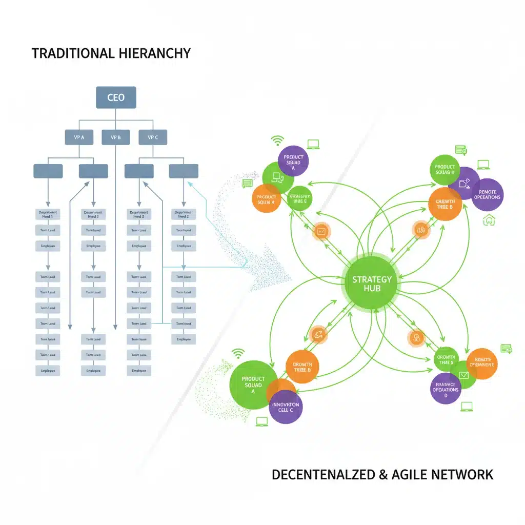 Organizational chart transforming to a decentralized remote work structure.