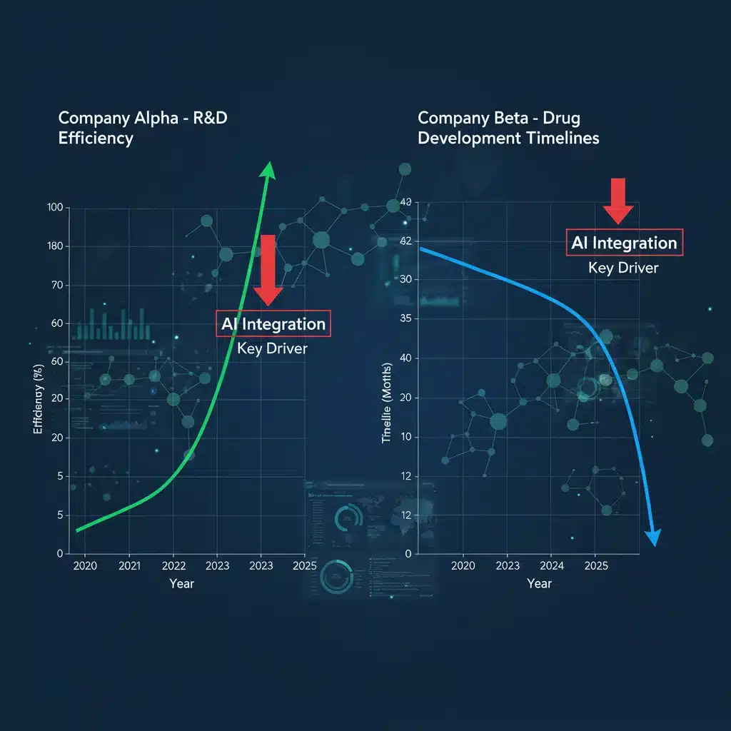 Pharmaceutical companies' R&D acceleration chart due to AI integration since 2024.