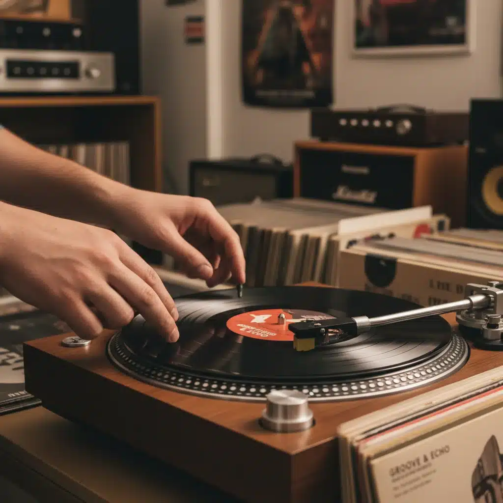 Hands gently placing needle on spinning vinyl record, highlighting tactile experience.