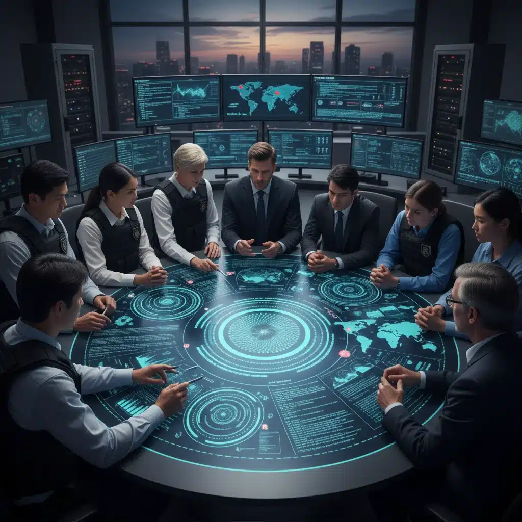 Cybersecurity professionals collaborating on post-quantum cryptography and threat intelligence.