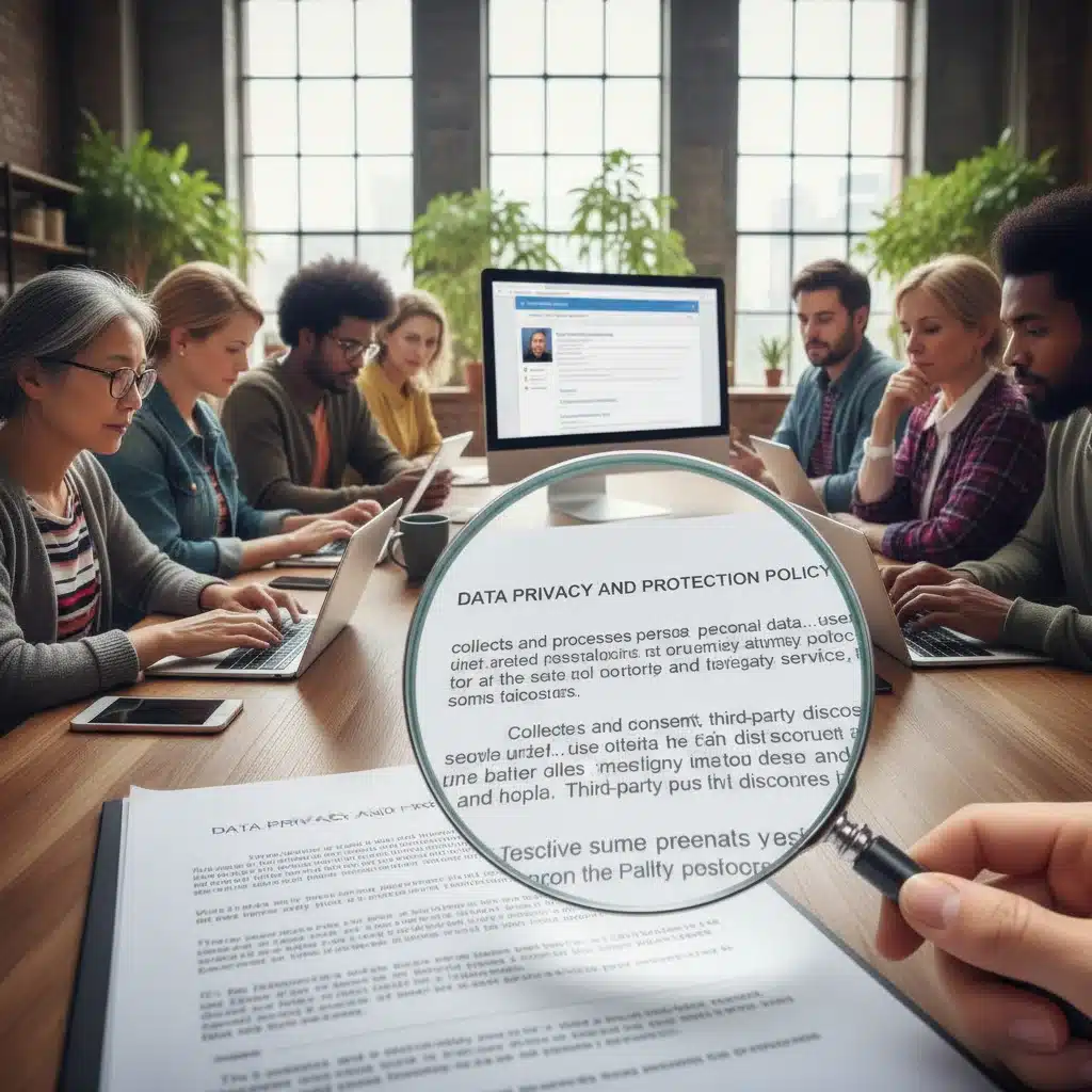 Magnifying glass on privacy policy, diverse people reviewing digital screens