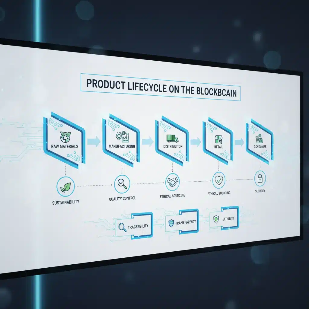 Infographic illustrating product lifecycle traceability with blockchain, highlighting sustainability and quality.